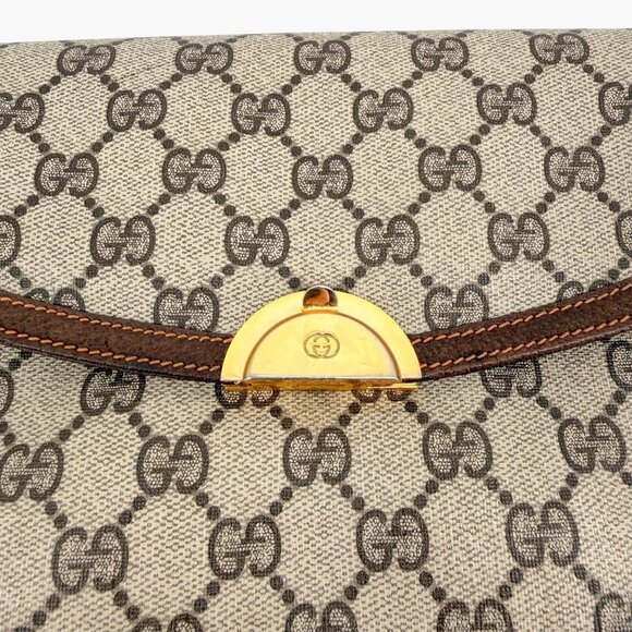 Gucci Vintage GG Monogram Crossbody Shoulder Flap Bag Beige Coated Canvas Brown - Picture 4 of 15